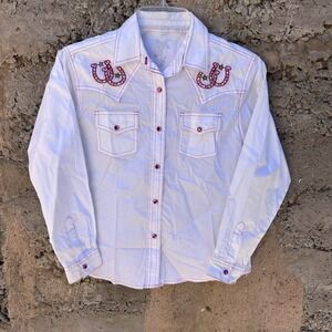 ROCK 47 by Wrangler Long Sleeve Shirt Western Pearl Snap Horseshoes Girls XL